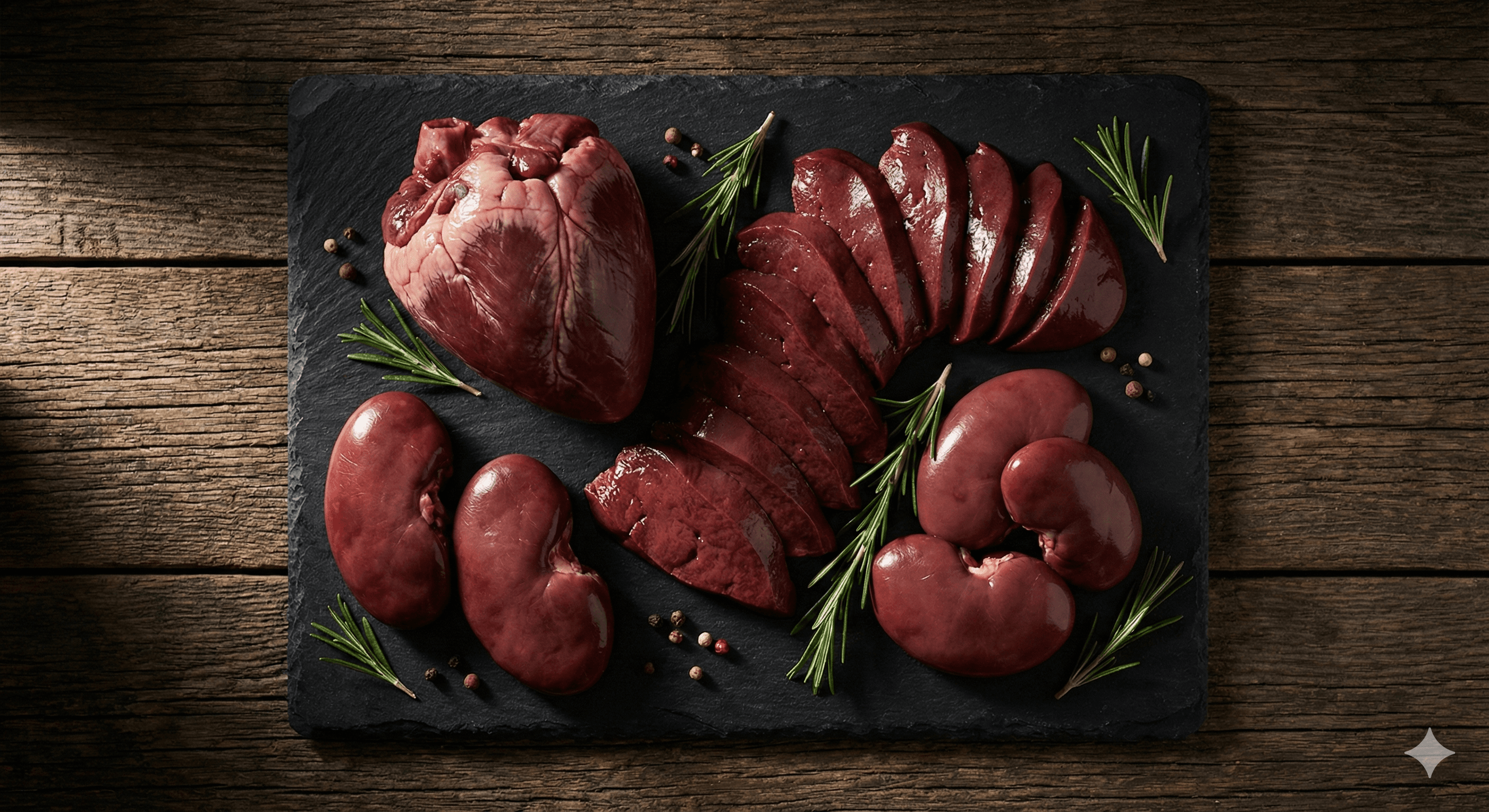 Fresh organ meats - liver, heart, and kidneys on slate